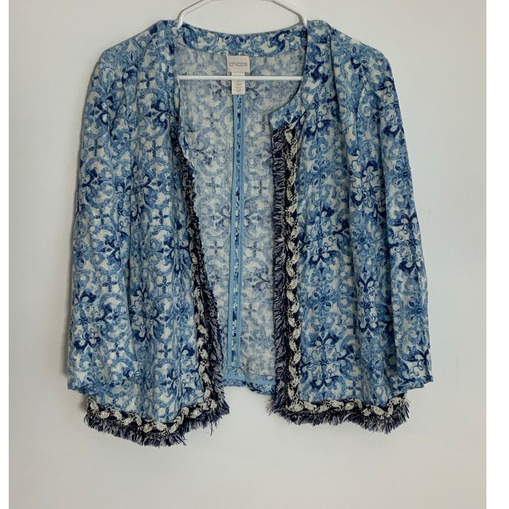 Chico's Blue and‎ white Open Front cardigan size 2
